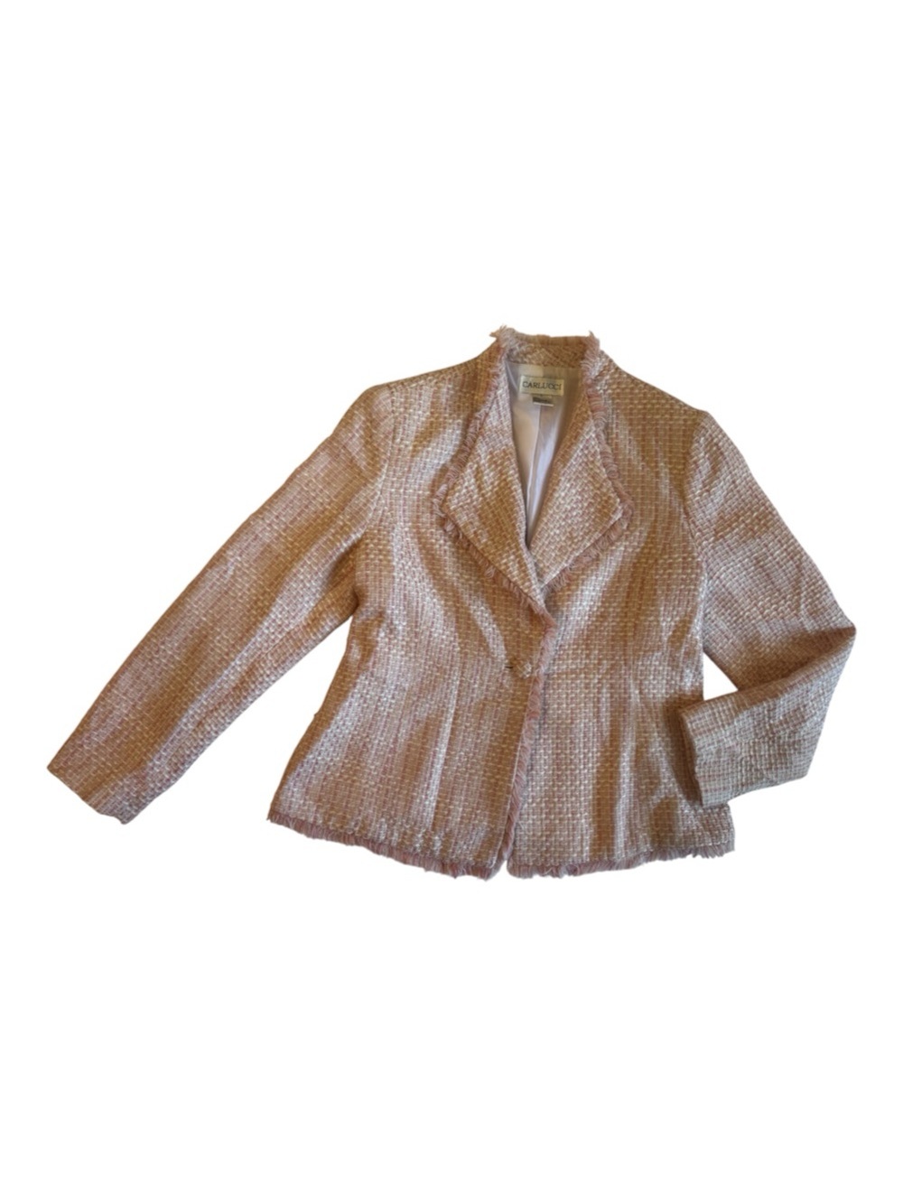 Carl Lucci Womens Pink Tweed Blazer Jacket Frayed Trim Lined Classic Chic
